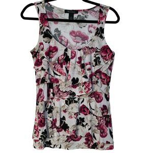 White House Black Market Floral Blouse Ruffle Sleeveless Top Pink Black White  S